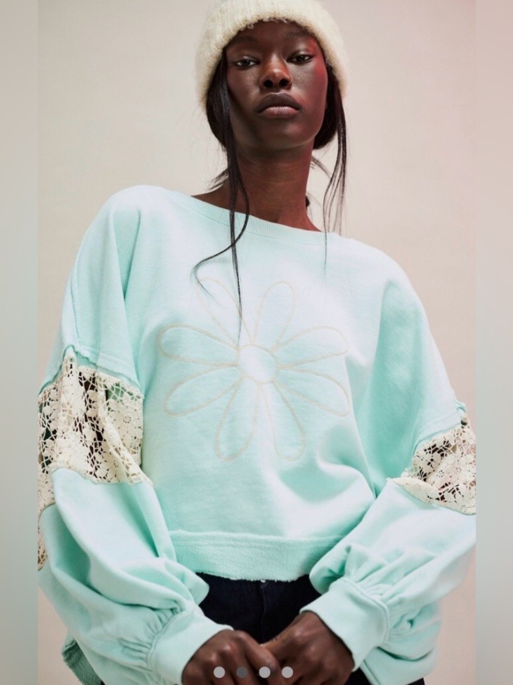 Free People Tricia Fix Chain Stitch Crew Sweatshirt Crochet Kelly Gree